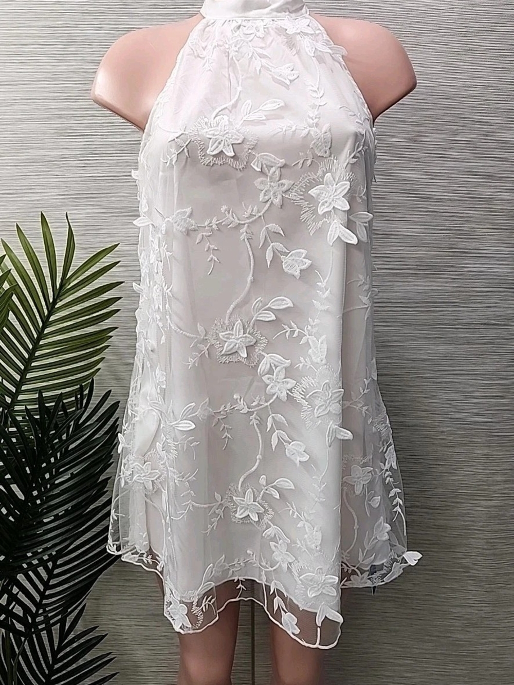 White Floral Embroidered Halter Mini Dress - Picture 1 of 5